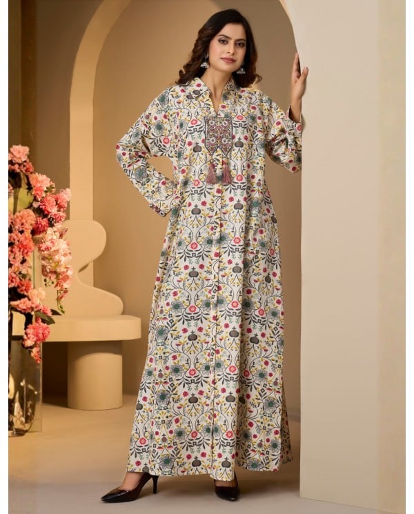 Elegant Floral Print Embroidered Mandarin Collar Jalabiya