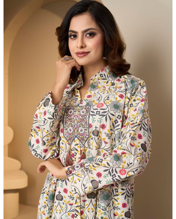 Elegant Floral Print Embroidered Mandarin Collar Jalabiya