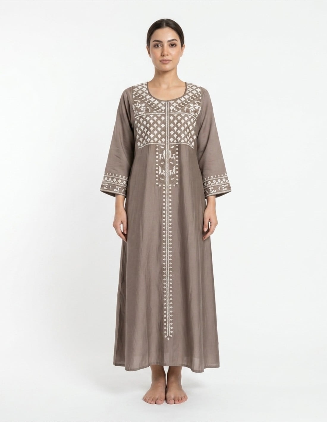 Earthy Taupe Jalabiya with White Geometric Embroidery