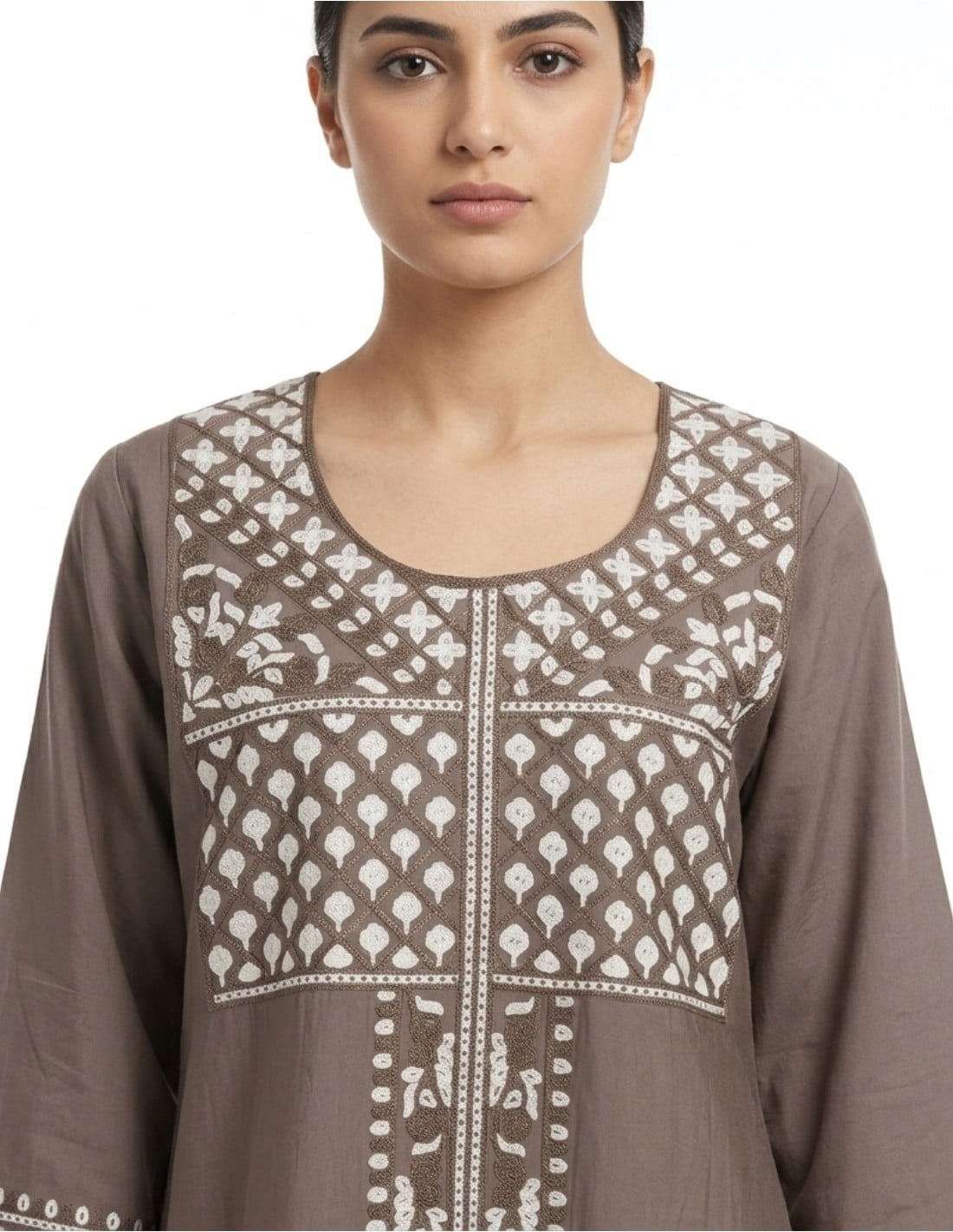 Earthy Taupe Jalabiya with White Geometric Embroidery