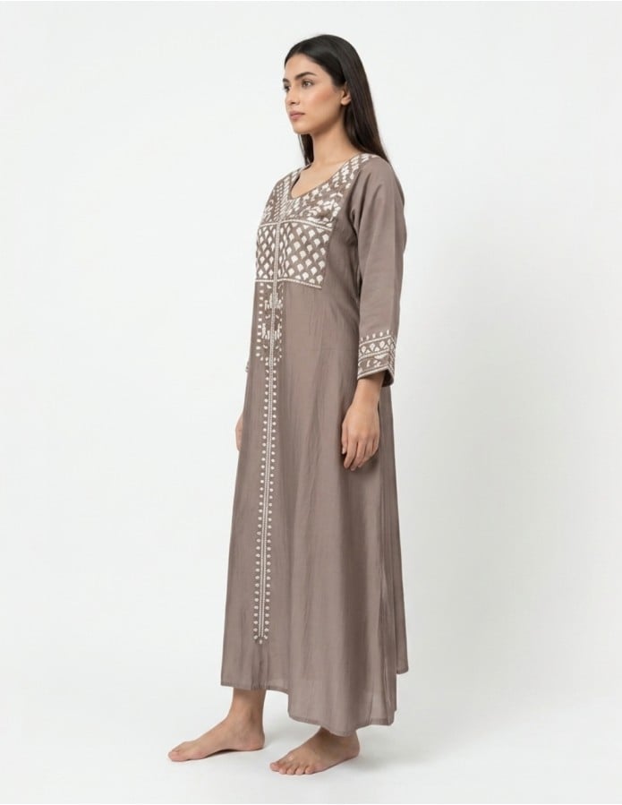 Earthy Taupe Jalabiya with White Geometric Embroidery