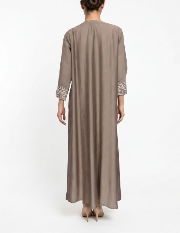 Earthy Taupe Jalabiya with White Geometric Embroidery