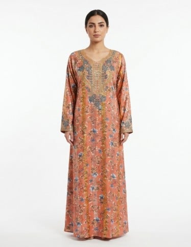 Floral Salmon Jalabiya with Radiant Golden Embroidery