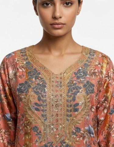 Floral Salmon Jalabiya with Radiant Golden Embroidery