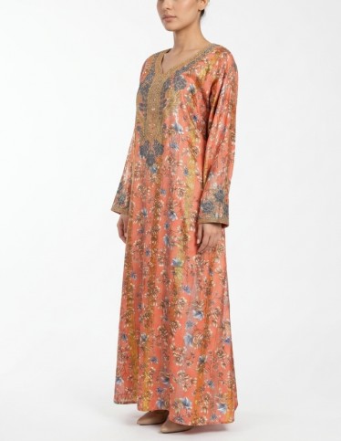 Floral Salmon Jalabiya with Radiant Golden Embroidery