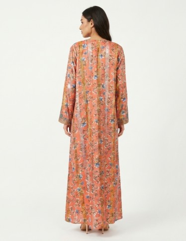 Floral Salmon Jalabiya with Radiant Golden Embroidery