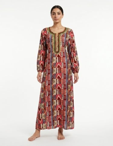 Geometric Print Jalabiya with Intricate Neckline Embroidery