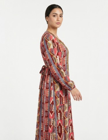 Geometric Print Jalabiya with Intricate Neckline Embroidery