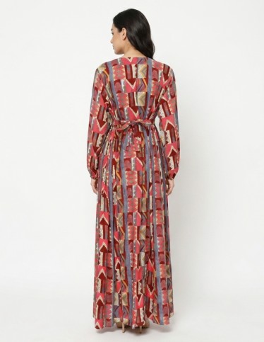 Geometric Print Jalabiya with Intricate Neckline Embroidery