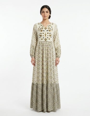 Floral Embroidered Tiered Jalabiya in Cream and Olive