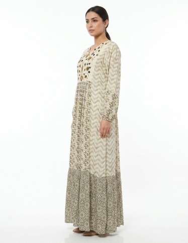Floral Embroidered Tiered Jalabiya in Cream and Olive