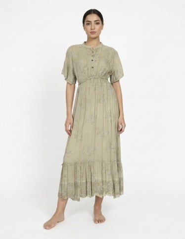 Sage Green Floral Embroidered Jalabiya with Waist Tie