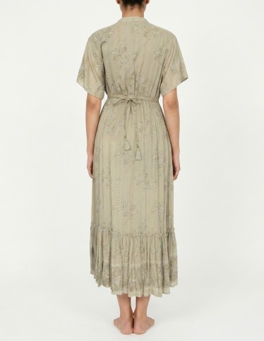 Sage Green Floral Embroidered Jalabiya with Waist Tie