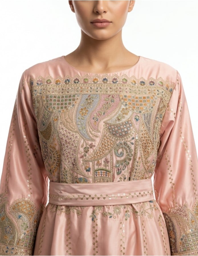 Rose Pink Ornate Paisley Embroidered Jalabiya