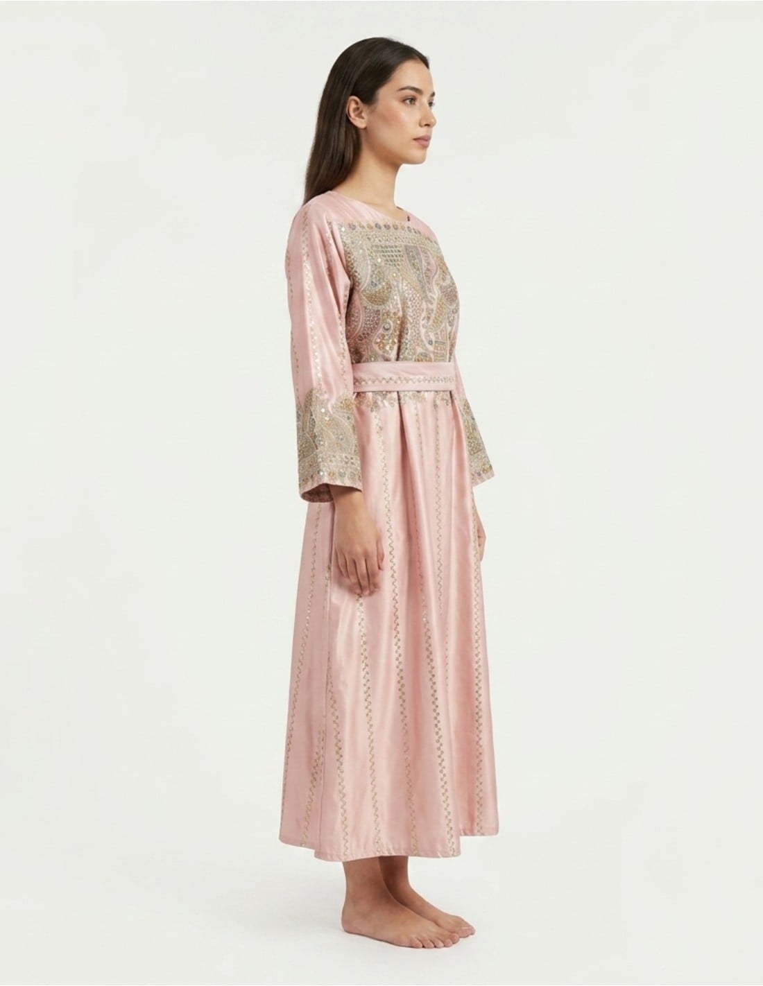 Rose Pink Ornate Paisley Embroidered Jalabiya