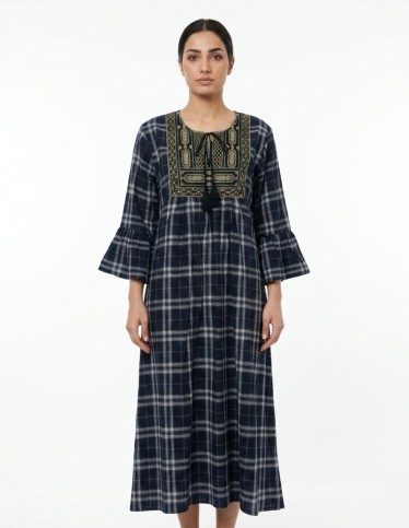Embroidered Plaid Pattern Casual Jalabiya