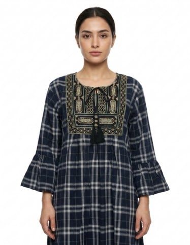 Embroidered Plaid Pattern Casual Jalabiya