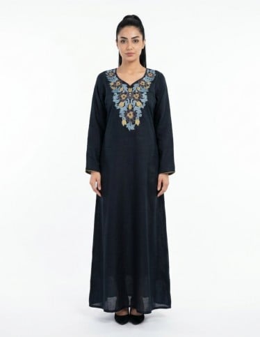 Navy Blue Floral Embroidered Jalabiya