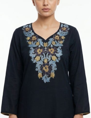 Navy Blue Floral Embroidered Jalabiya
