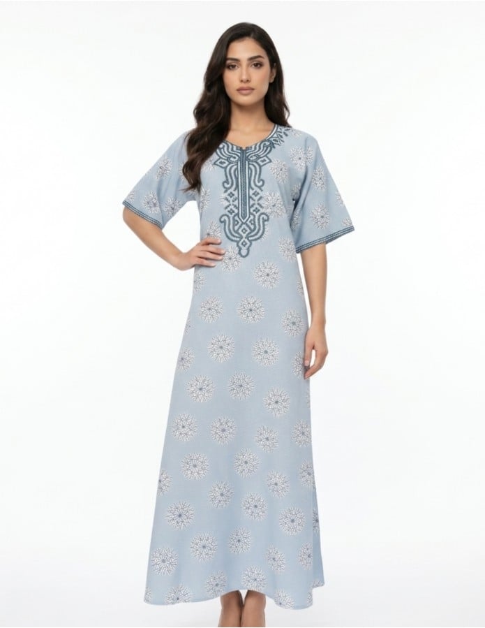 Sky Blue Embroidered Geometric Jalabiya