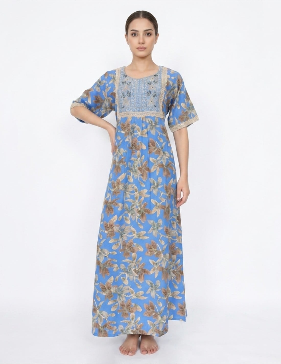 Vibrant Blue Leaf Print Jalabiya with Lace Embroidery