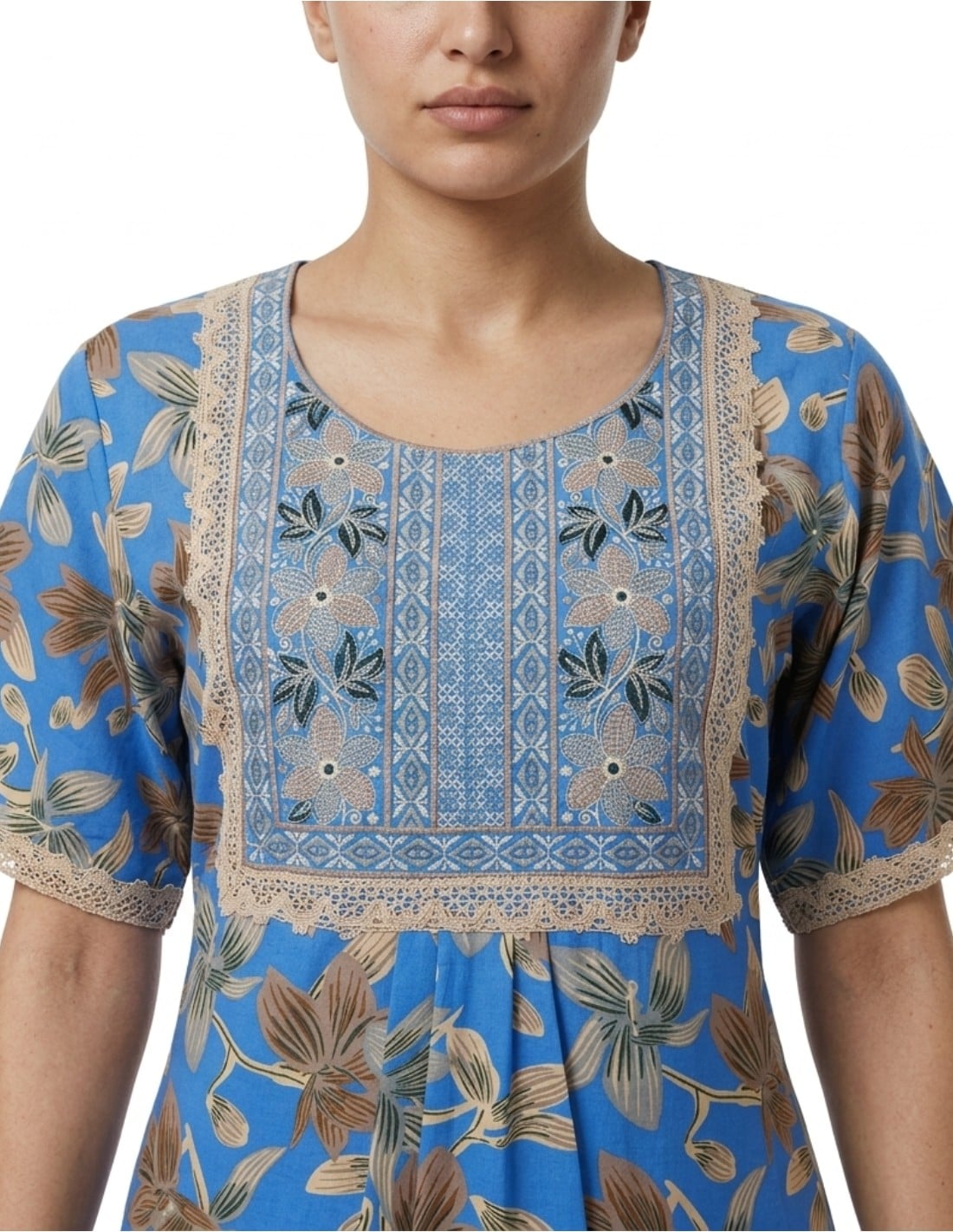 Vibrant Blue Leaf Print Jalabiya with Lace Embroidery