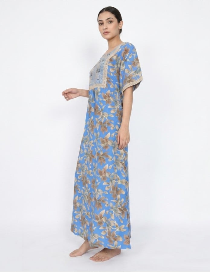 Vibrant Blue Leaf Print Jalabiya with Lace Embroidery