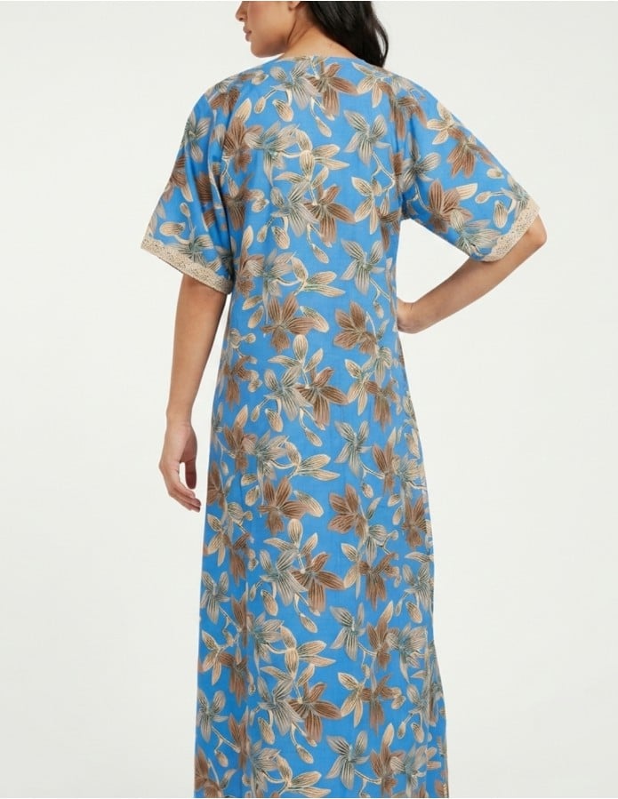 Vibrant Blue Leaf Print Jalabiya with Lace Embroidery