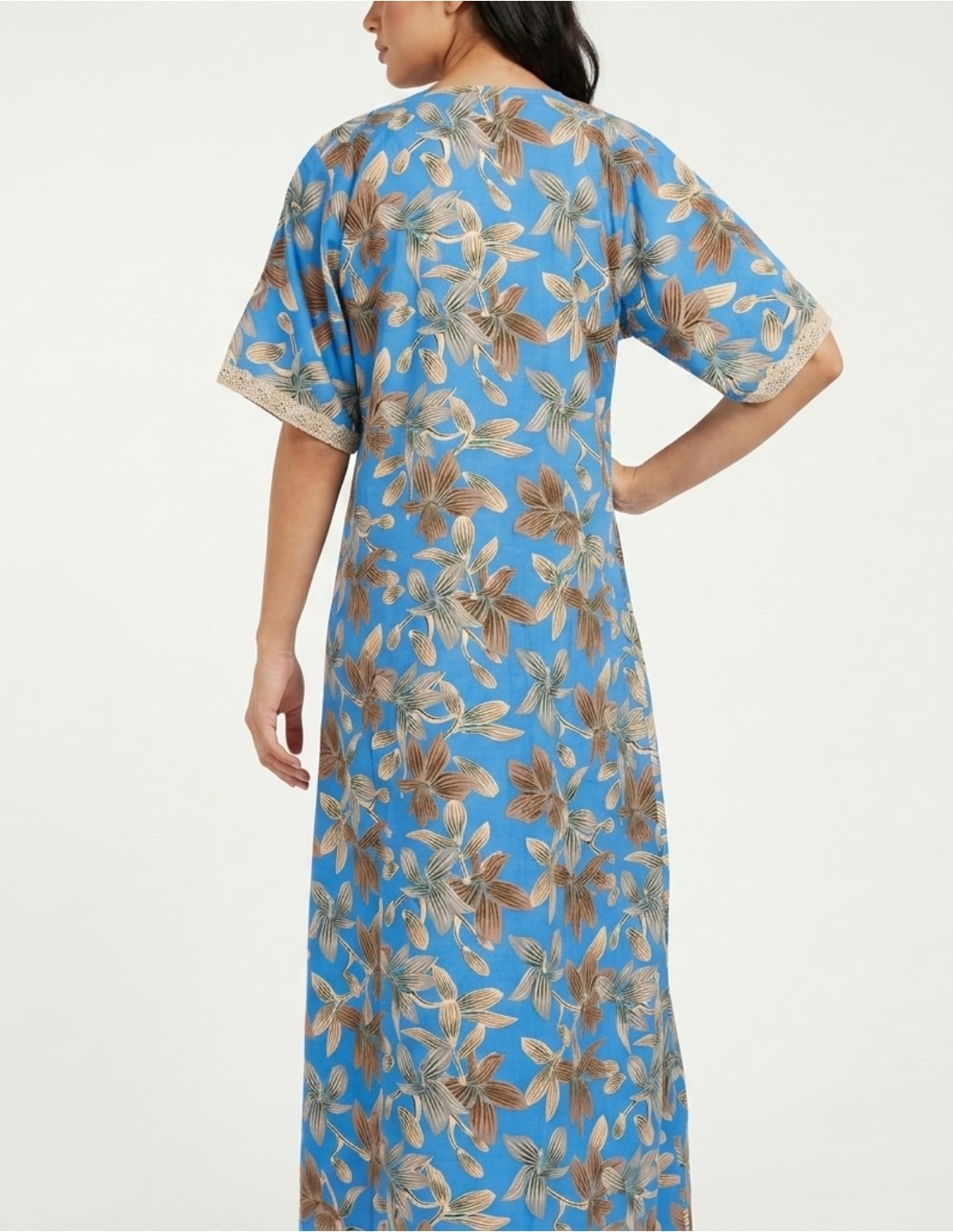 Vibrant Blue Leaf Print Jalabiya with Lace Embroidery