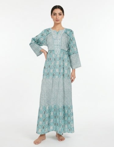 Vibrant Turquoise Tiered Embroidered Jalabiya