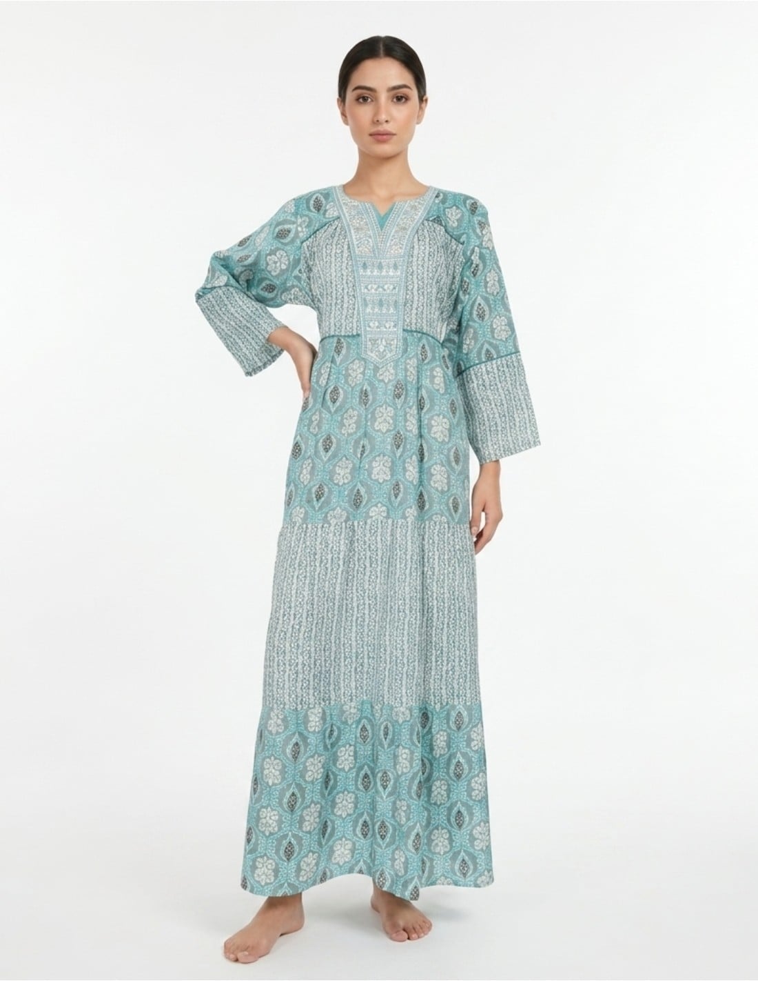 Vibrant Turquoise Tiered Embroidered Jalabiya