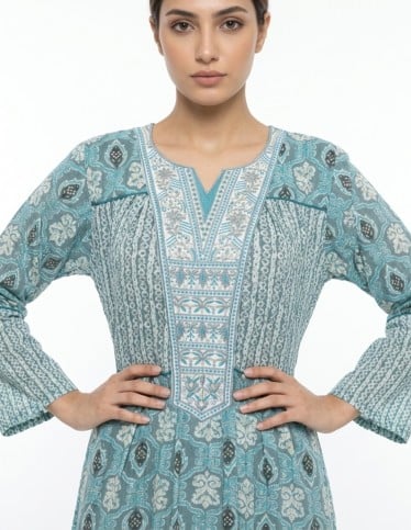 Vibrant Turquoise Tiered Embroidered Jalabiya