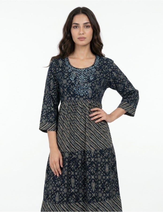 Tiered Floral Jalabiya with Embellished Neckline