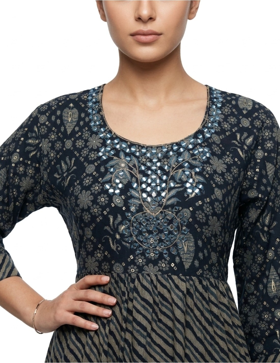 Tiered Floral Jalabiya with Embellished Neckline