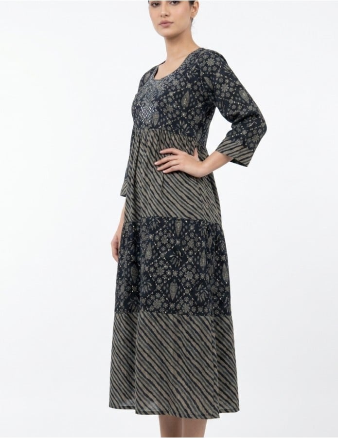 Tiered Floral Jalabiya with Embellished Neckline