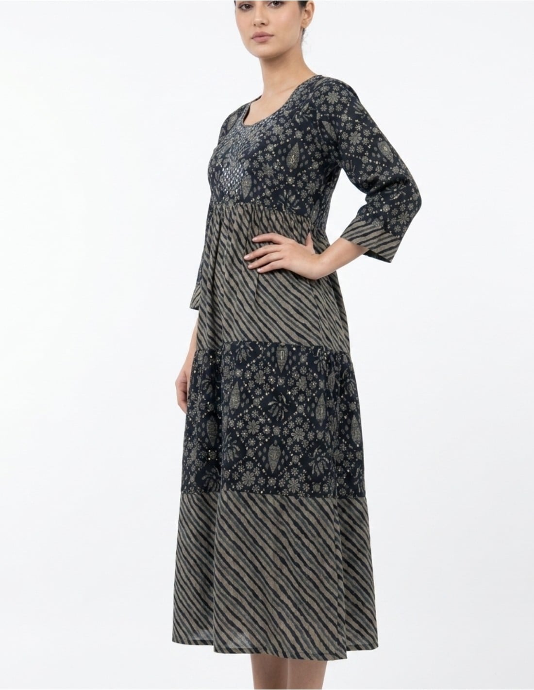 Tiered Floral Jalabiya with Embellished Neckline
