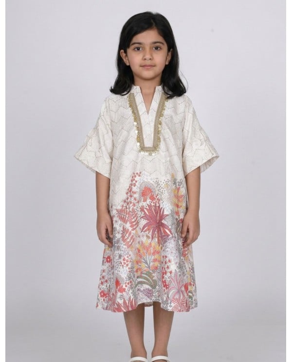 Floral Print Cream Jalabiya for Girls