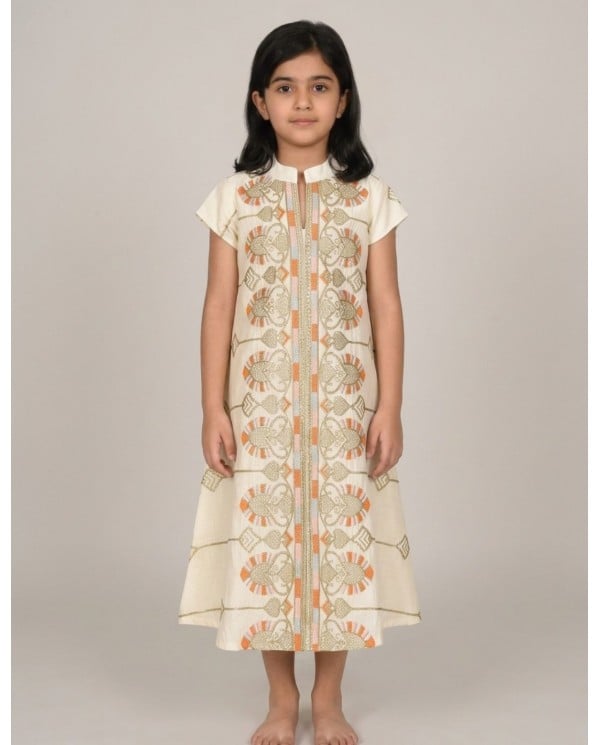 Elegant Cream Kids Jalabiya with Gold Embroidery
