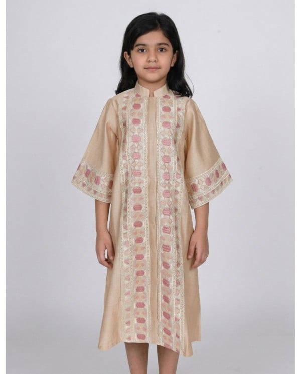 Elegant Beige Kids Jalabiya with Vertical Embroidery