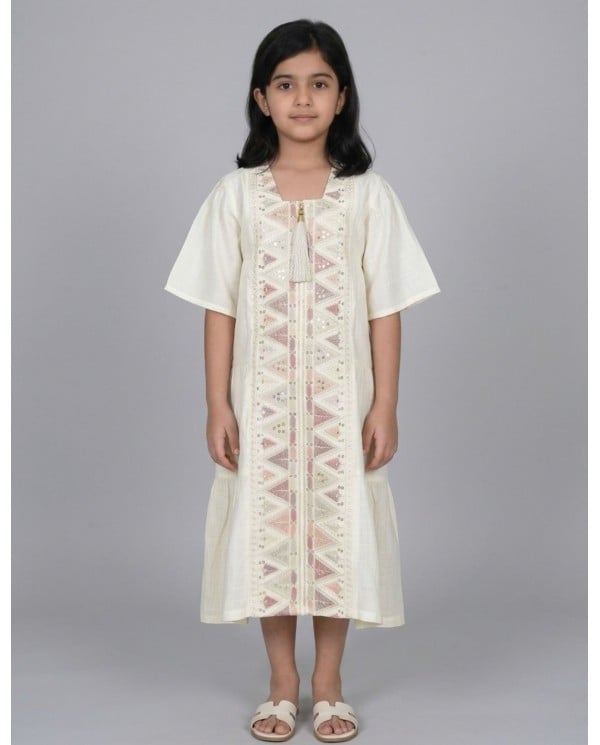 Cream Kids Jalabiya with Geometric Embroidery