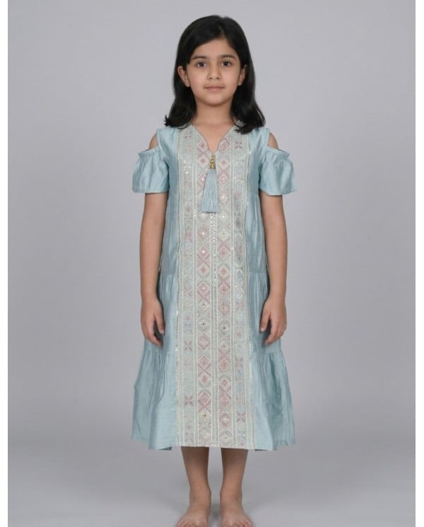 Kids Aqua Blue Cold-Shoulder Embroidered Jalabiya