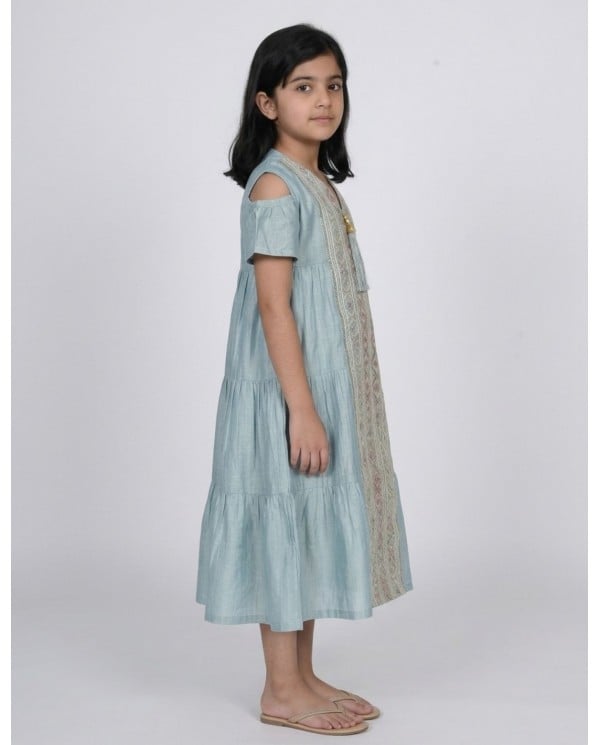 Kids Aqua Blue Cold-Shoulder Embroidered Jalabiya