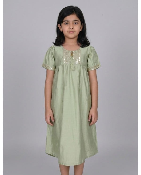 Kids Sage Green Tassel Jalabiya with Sparkle Embroidery