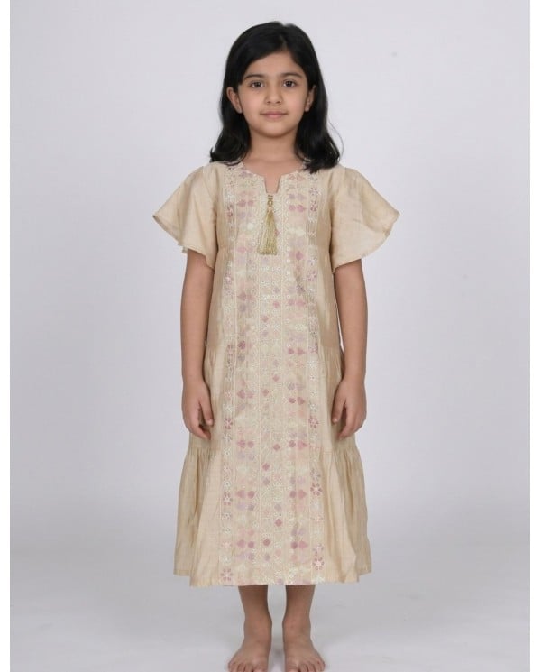 Beige Kids Jalabiya with Flutter Sleeves and Gold Tassel