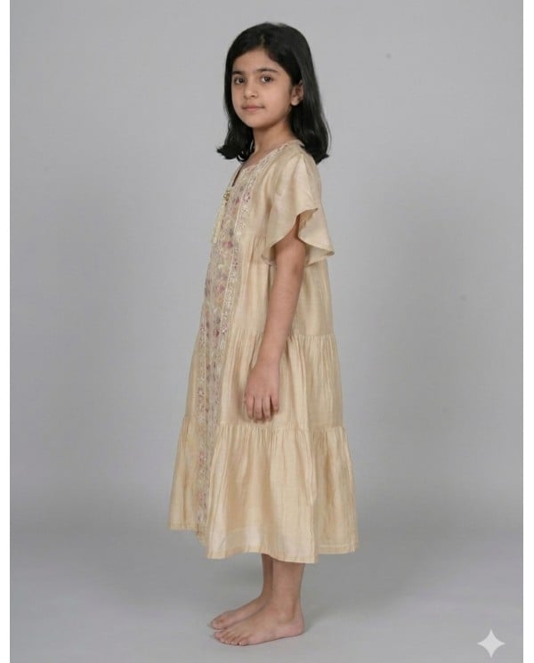 Beige Kids Jalabiya with Flutter Sleeves and Gold Tassel