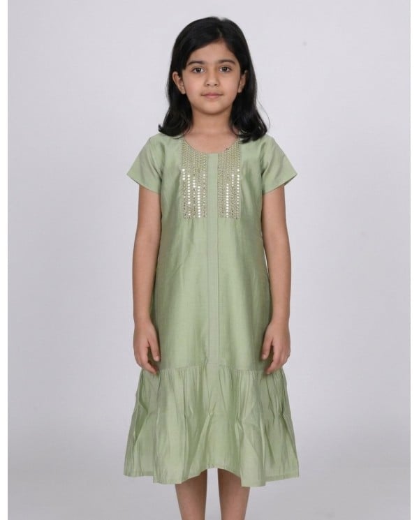 Girls' Sage Green Jalabiya with Shimmering Embellishments