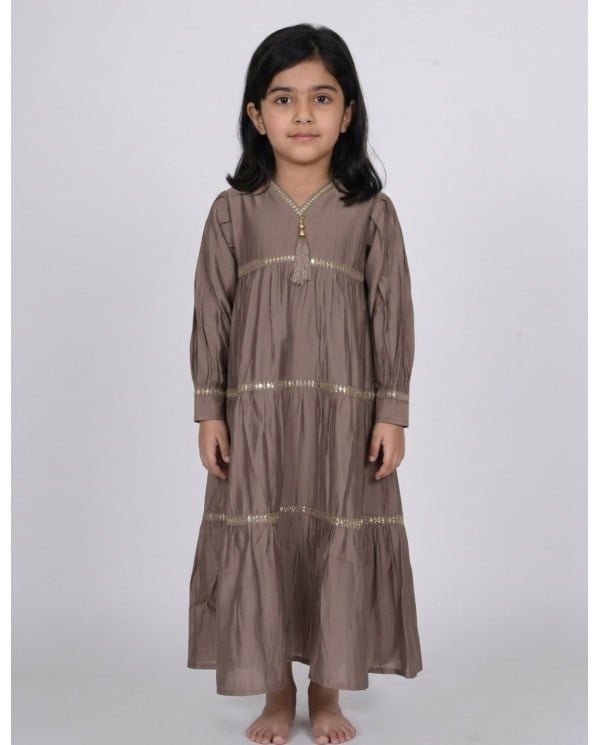 Girls' Long Sleeve Brown Jalabiya with Golden Bands