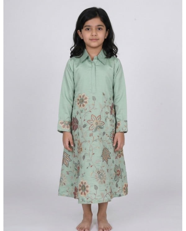 Girls' Mint Green Floral Shirt-Style Jalabiya